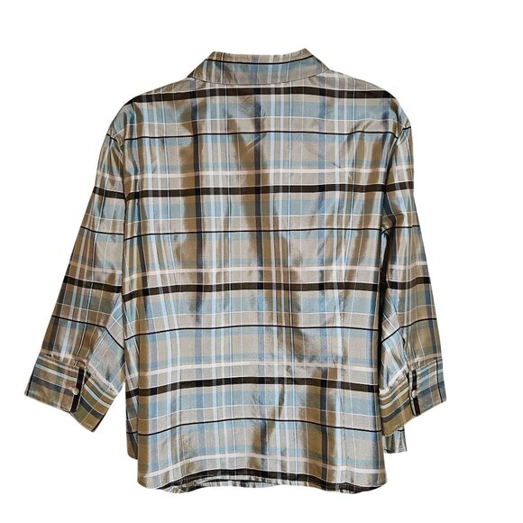 Carlisle Womens Plaid Button-Up Shirt 3/4 Sleeves Size 18 100% Silk Beige & Blue - Picture 2 of 11